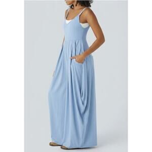 Halara Draped Wide Leg Casual Jumpsuit Large NWT Pockets Light Blue Sleeveless